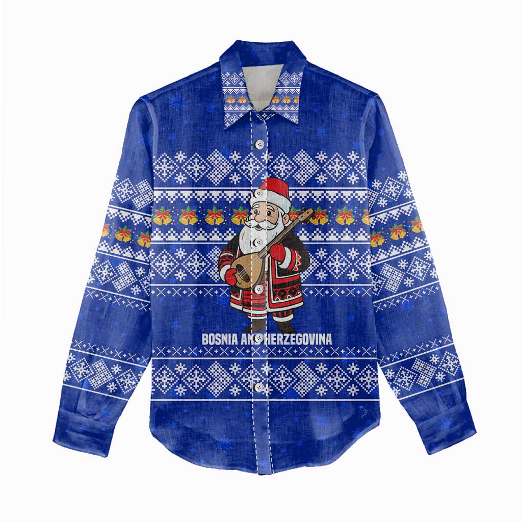 Bosnia and Herzegovina Christmas Women Casual Shirt with Santa Playing Traditional Instrument and Blue Snowflake Pattern - Wonder Print Shop