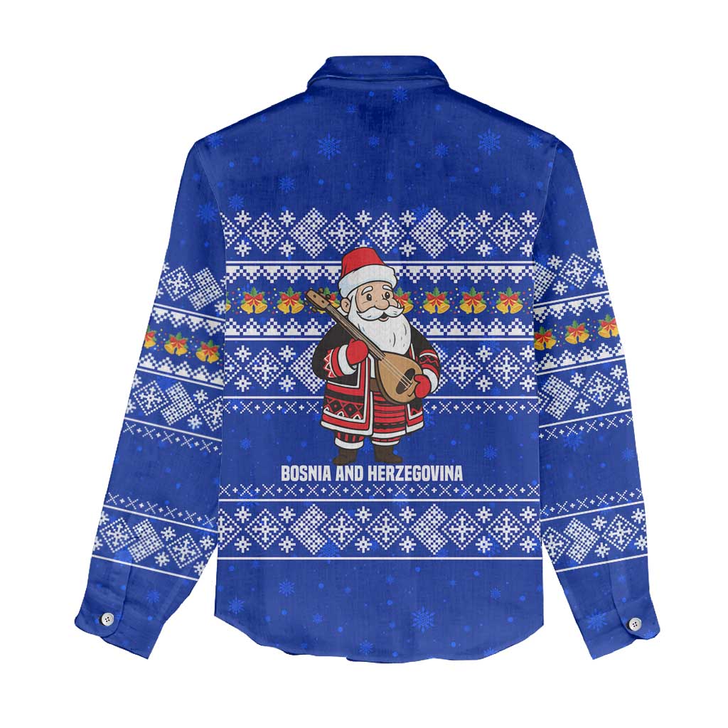 Bosnia and Herzegovina Christmas Women Casual Shirt with Santa Playing Traditional Instrument and Blue Snowflake Pattern - Wonder Print Shop