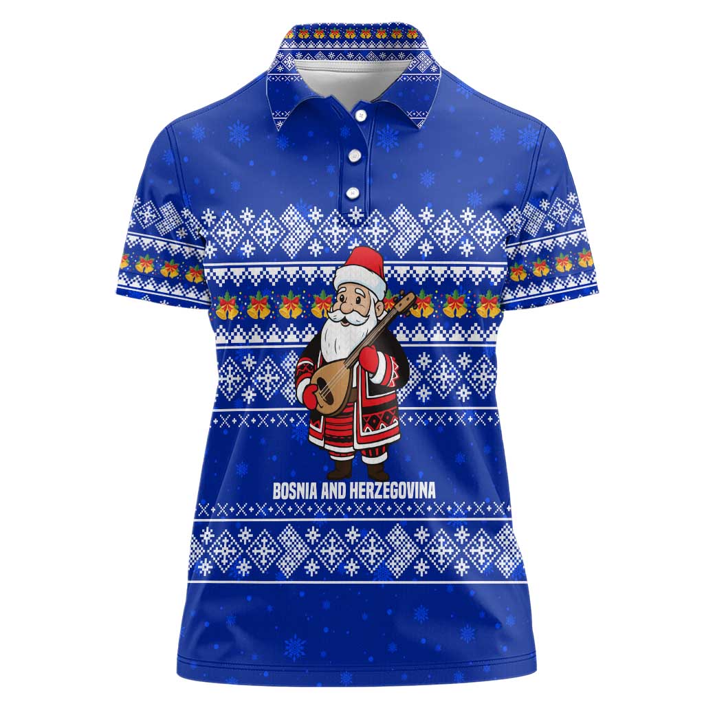 Bosnia and Herzegovina Christmas Women Polo Shirt with Santa Playing Traditional Instrument and Blue Snowflake Pattern - Wonder Print Shop