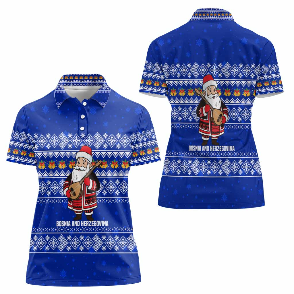 Bosnia and Herzegovina Christmas Women Polo Shirt with Santa Playing Traditional Instrument and Blue Snowflake Pattern - Wonder Print Shop