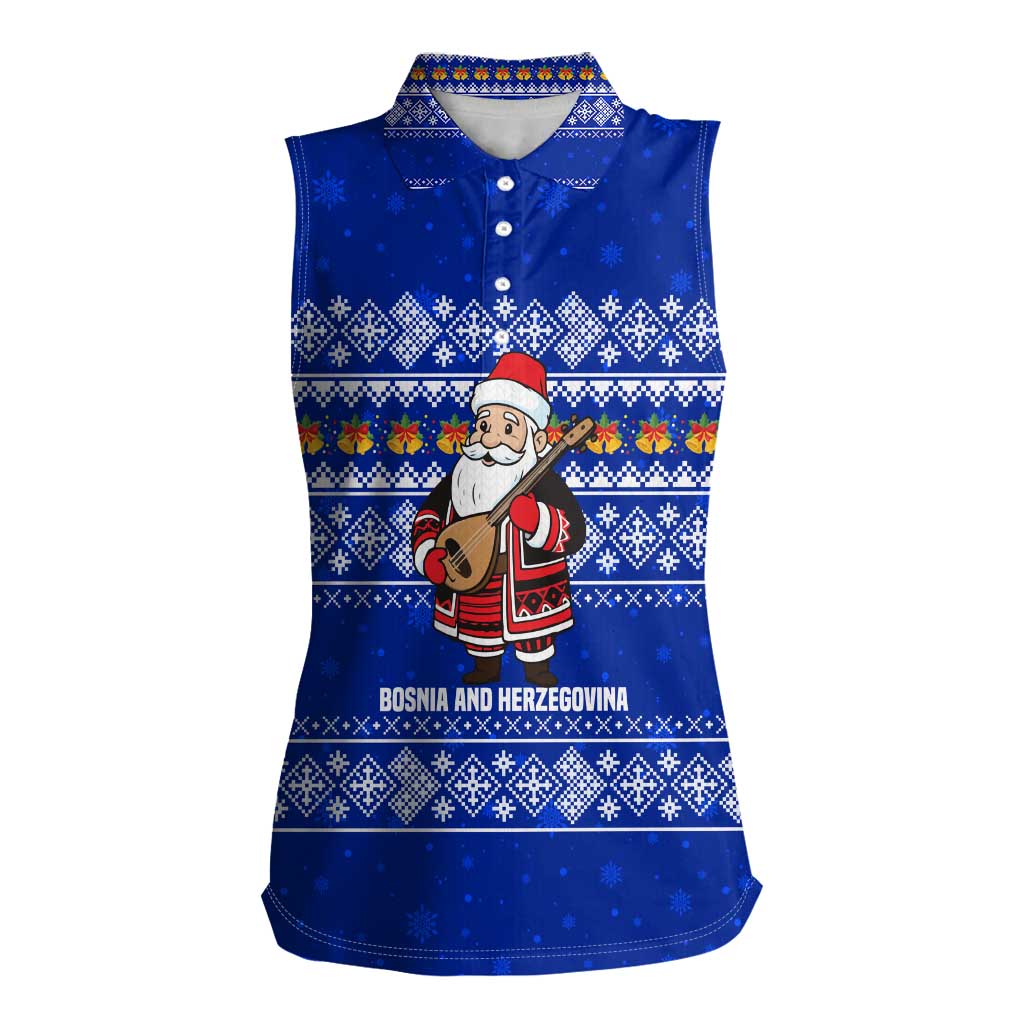 Bosnia and Herzegovina Christmas Women Sleeveless Polo Shirt with Santa Playing Traditional Instrument and Blue Snowflake Pattern - Wonder Print Shop