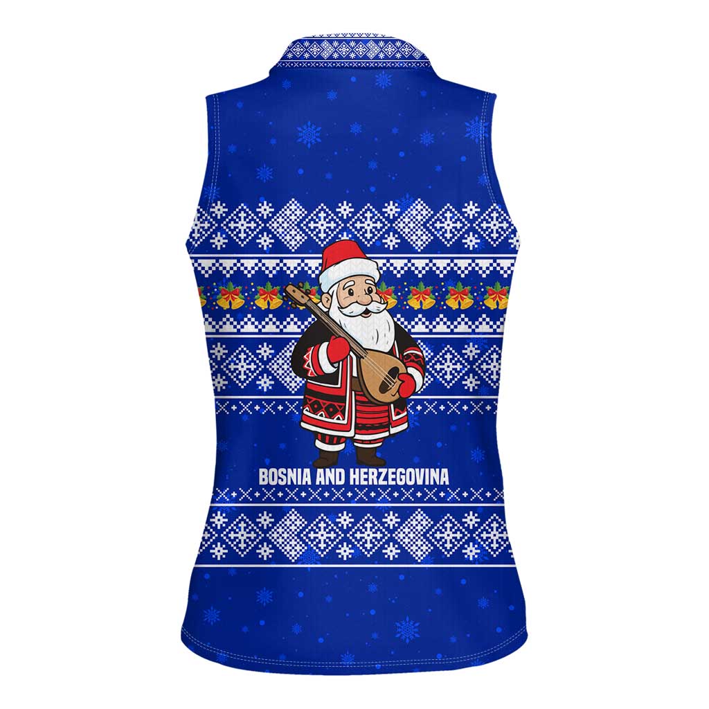 Bosnia and Herzegovina Christmas Women Sleeveless Polo Shirt with Santa Playing Traditional Instrument and Blue Snowflake Pattern - Wonder Print Shop