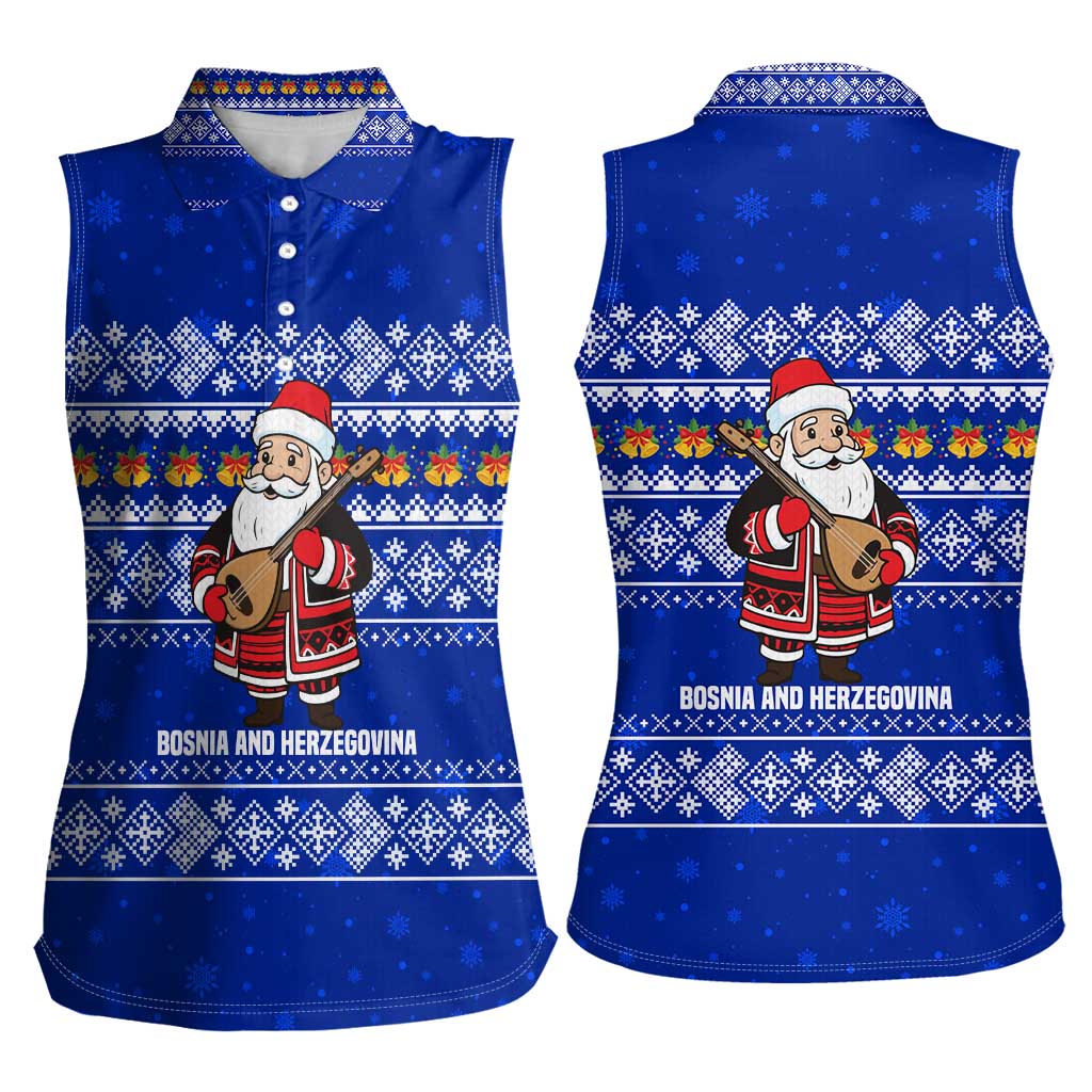 Bosnia and Herzegovina Christmas Women Sleeveless Polo Shirt with Santa Playing Traditional Instrument and Blue Snowflake Pattern - Wonder Print Shop
