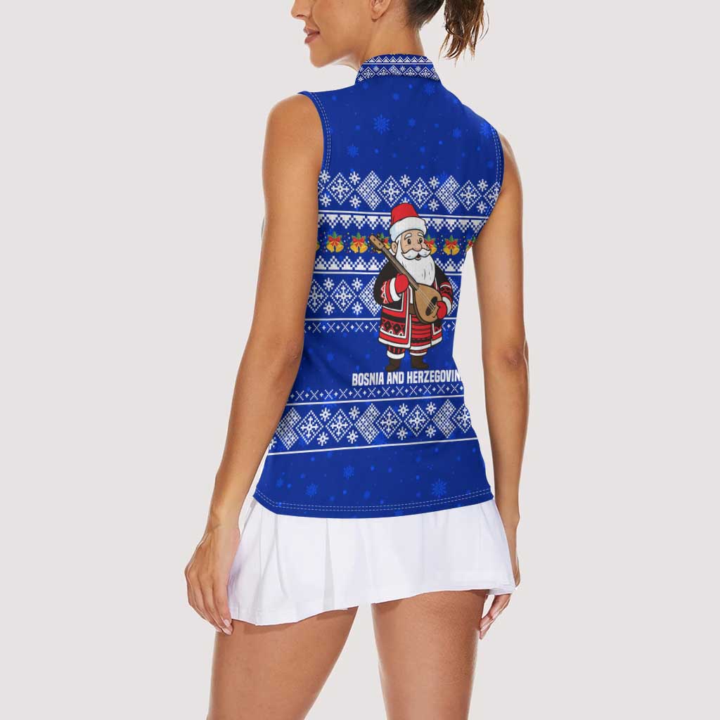 Bosnia and Herzegovina Christmas Women Sleeveless Polo Shirt with Santa Playing Traditional Instrument and Blue Snowflake Pattern - Wonder Print Shop