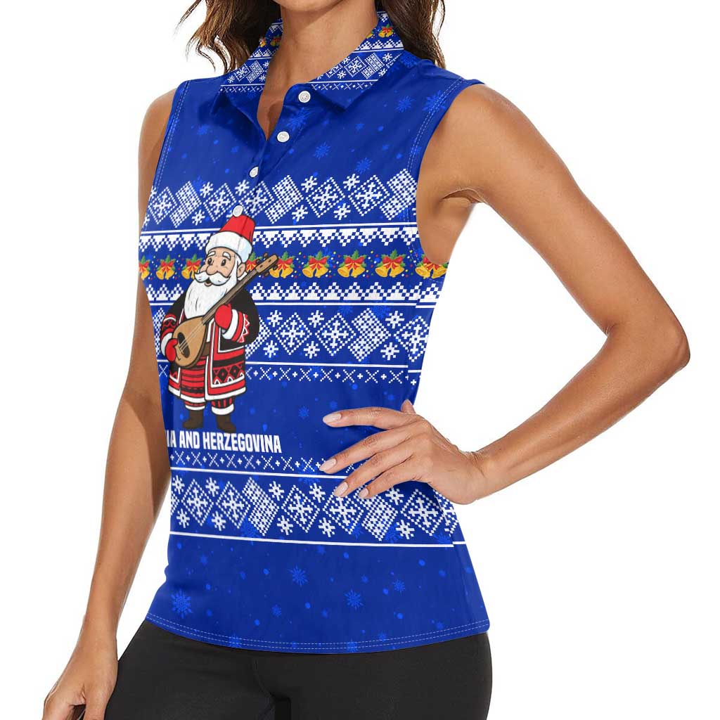 Bosnia and Herzegovina Christmas Women Sleeveless Polo Shirt with Santa Playing Traditional Instrument and Blue Snowflake Pattern - Wonder Print Shop