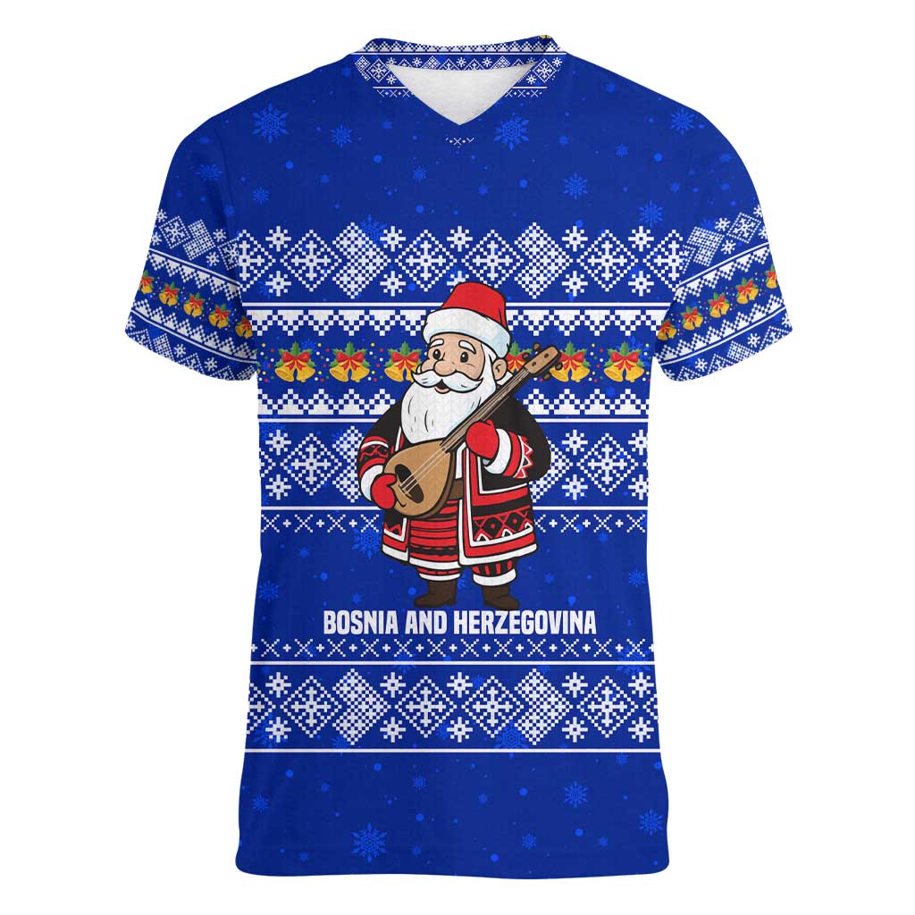 Bosnia and Herzegovina Christmas Women V-Neck T-Shirt with Santa Playing Traditional Instrument and Blue Snowflake Pattern - Wonder Print Shop