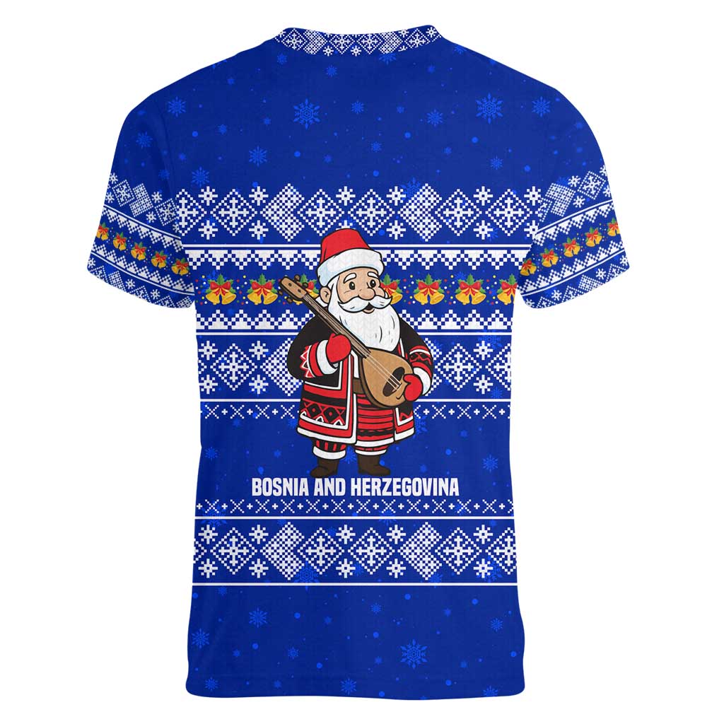 Bosnia and Herzegovina Christmas Women V-Neck T-Shirt with Santa Playing Traditional Instrument and Blue Snowflake Pattern - Wonder Print Shop
