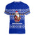 Bosnia and Herzegovina Christmas Women V-Neck T-Shirt with Santa Playing Traditional Instrument and Blue Snowflake Pattern - Wonder Print Shop