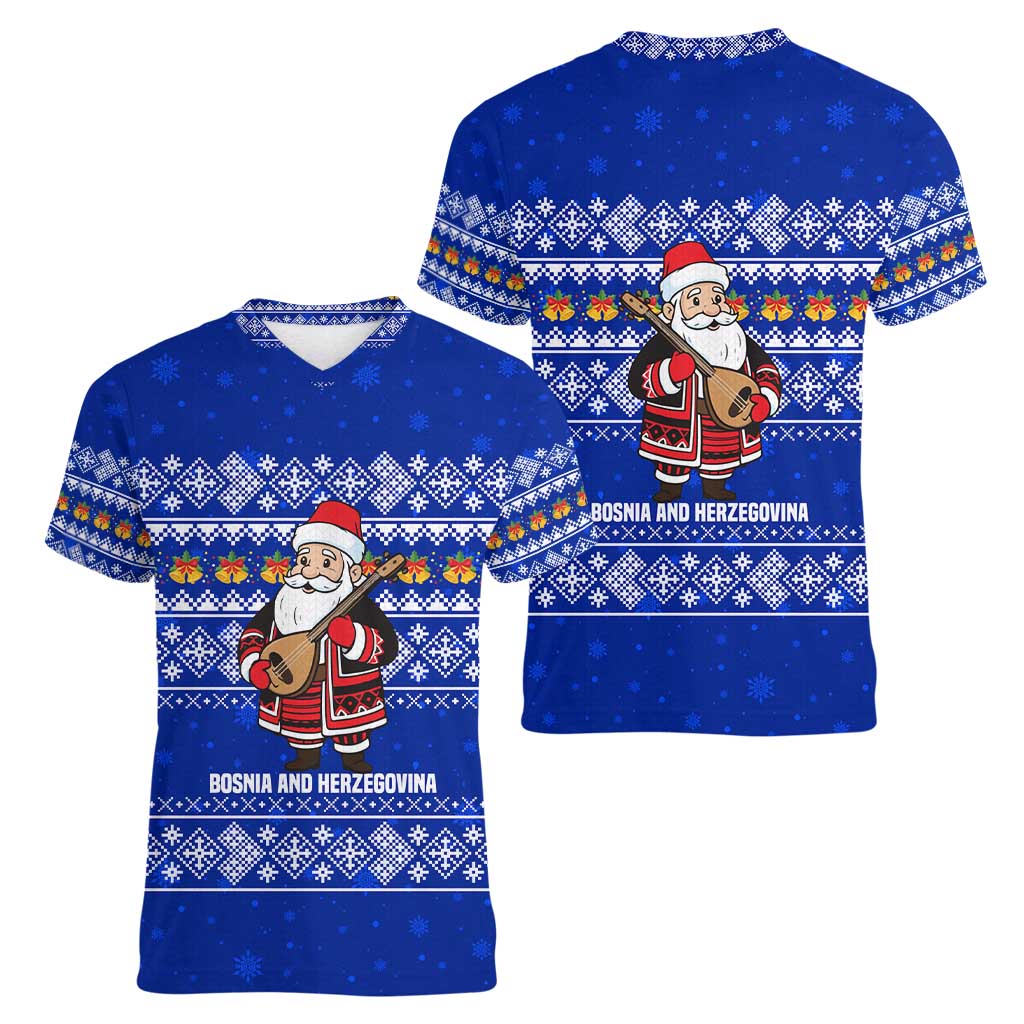 Bosnia and Herzegovina Christmas Women V-Neck T-Shirt with Santa Playing Traditional Instrument and Blue Snowflake Pattern - Wonder Print Shop