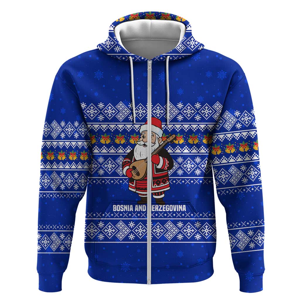 Bosnia and Herzegovina Christmas Zip Hoodie with Santa Playing Traditional Instrument and Blue Snowflake Pattern - Wonder Print Shop