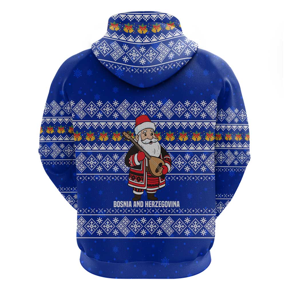 Bosnia and Herzegovina Christmas Zip Hoodie with Santa Playing Traditional Instrument and Blue Snowflake Pattern - Wonder Print Shop