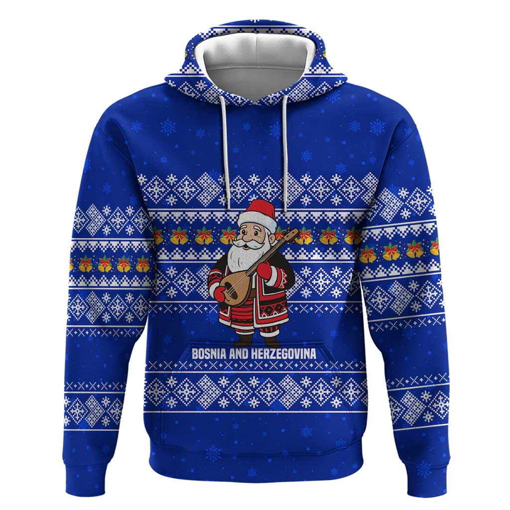 Bosnia and Herzegovina Christmas Zip Hoodie with Santa Playing Traditional Instrument and Blue Snowflake Pattern - Wonder Print Shop