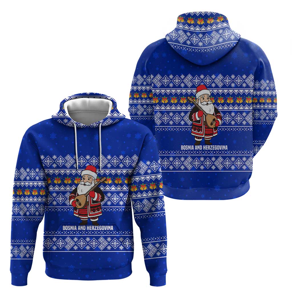 Bosnia and Herzegovina Christmas Zip Hoodie with Santa Playing Traditional Instrument and Blue Snowflake Pattern - Wonder Print Shop