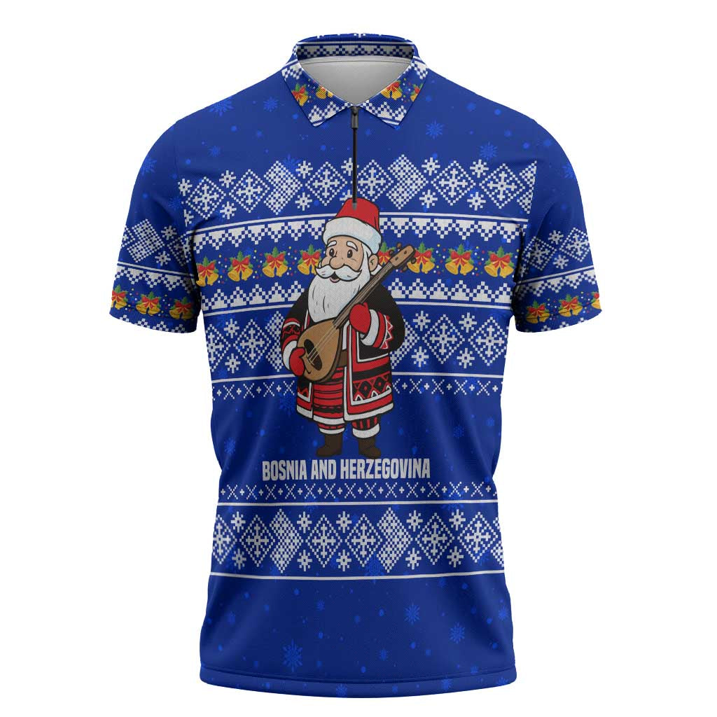 Bosnia and Herzegovina Christmas Zipper Polo Shirt with Santa Playing Traditional Instrument and Blue Snowflake Pattern - Wonder Print Shop