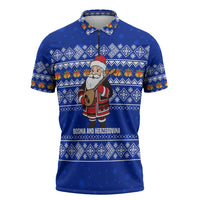 Bosnia and Herzegovina Christmas Zipper Polo Shirt with Santa Playing Traditional Instrument and Blue Snowflake Pattern - Wonder Print Shop
