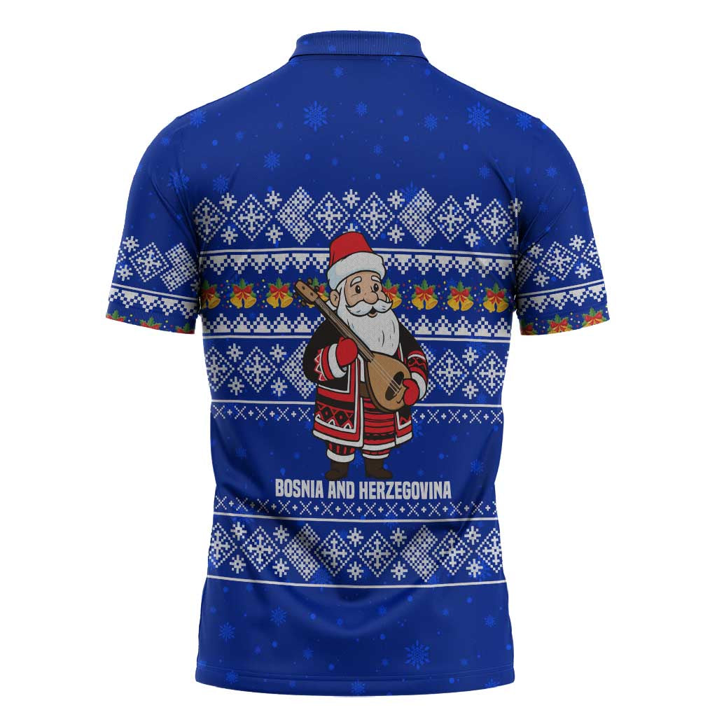 Bosnia and Herzegovina Christmas Zipper Polo Shirt with Santa Playing Traditional Instrument and Blue Snowflake Pattern - Wonder Print Shop