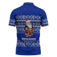 Bosnia and Herzegovina Christmas Zipper Polo Shirt with Santa Playing Traditional Instrument and Blue Snowflake Pattern - Wonder Print Shop