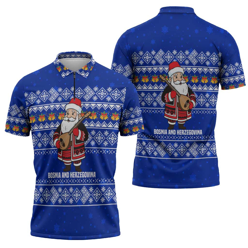 Bosnia and Herzegovina Christmas Zipper Polo Shirt with Santa Playing Traditional Instrument and Blue Snowflake Pattern - Wonder Print Shop
