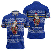 Bosnia and Herzegovina Christmas Zipper Polo Shirt with Santa Playing Traditional Instrument and Blue Snowflake Pattern - Wonder Print Shop
