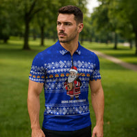 Bosnia and Herzegovina Christmas Zipper Polo Shirt with Santa Playing Traditional Instrument and Blue Snowflake Pattern - Wonder Print Shop