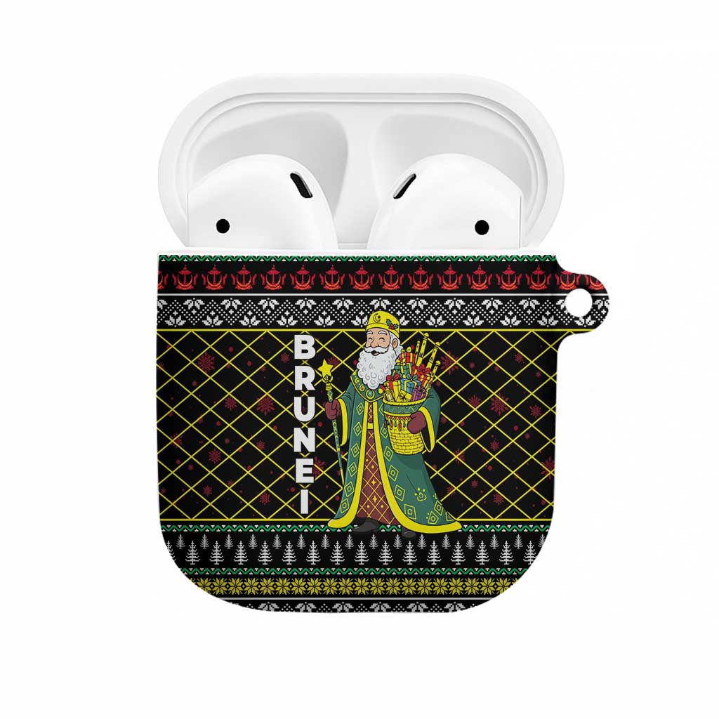 Brunei Christmas AirPods Case with Traditional Santa Gift Basket and Black Yellow Red Holiday Pattern - Wonder Print Shop