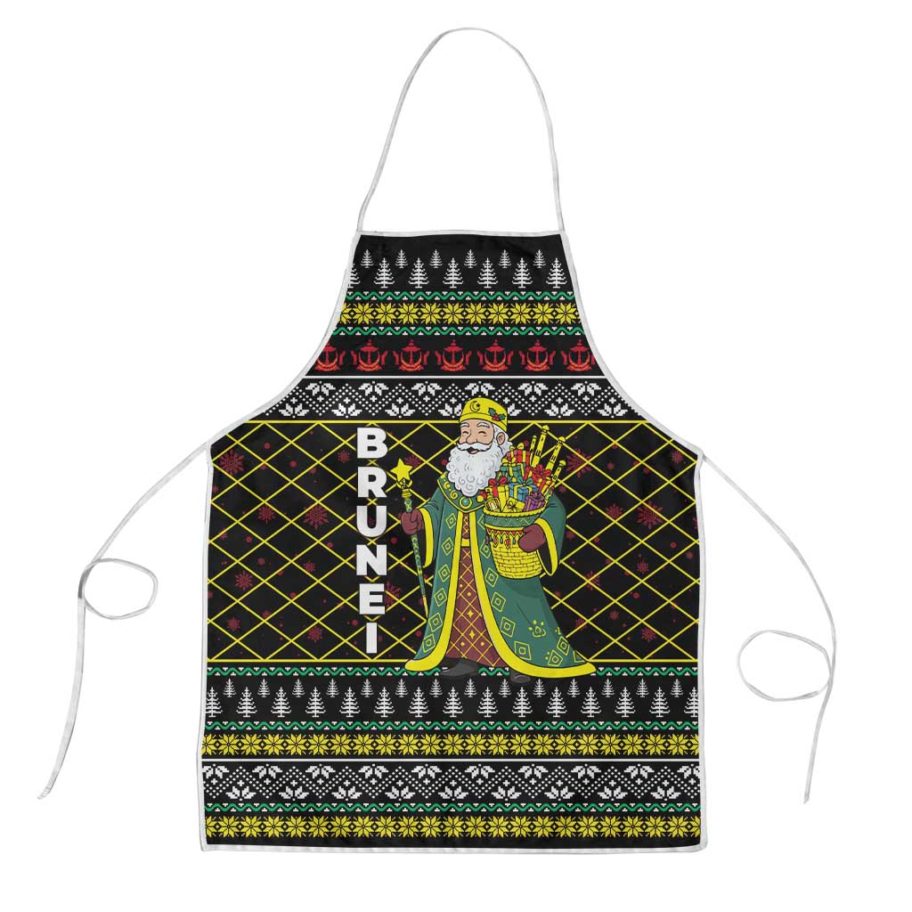 Brunei Christmas Apron with Traditional Santa Gift Basket and Black Yellow Red Holiday Pattern - Wonder Print Shop