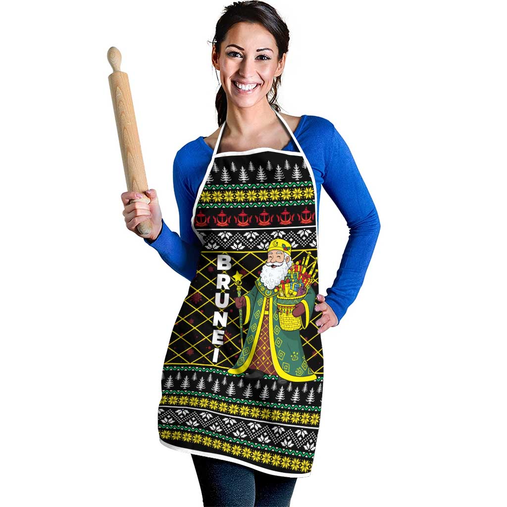 Brunei Christmas Apron with Traditional Santa Gift Basket and Black Yellow Red Holiday Pattern - Wonder Print Shop