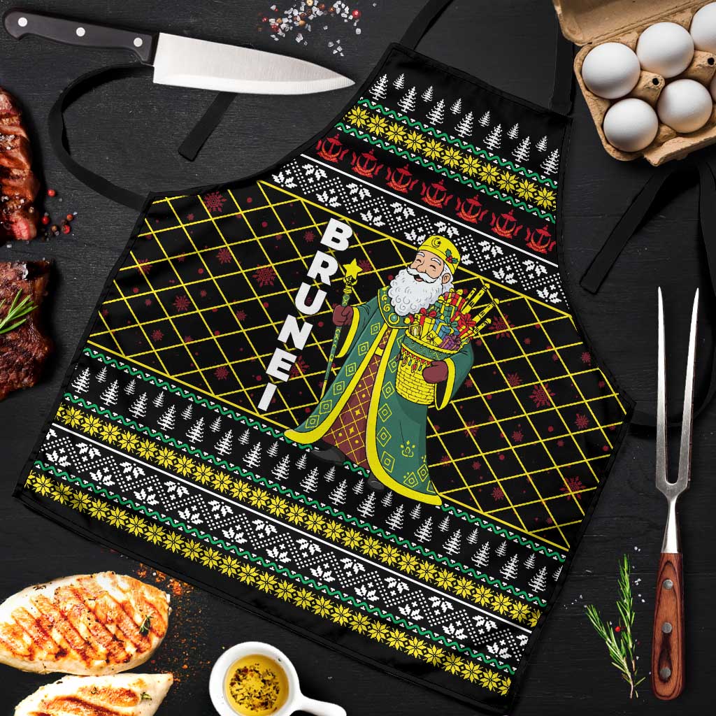 Brunei Christmas Apron with Traditional Santa Gift Basket and Black Yellow Red Holiday Pattern - Wonder Print Shop