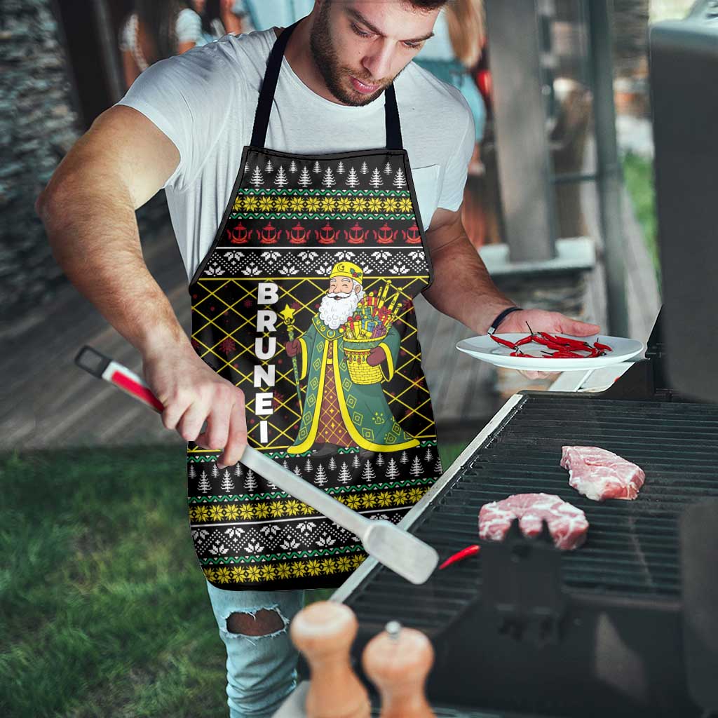 Brunei Christmas Apron with Traditional Santa Gift Basket and Black Yellow Red Holiday Pattern - Wonder Print Shop