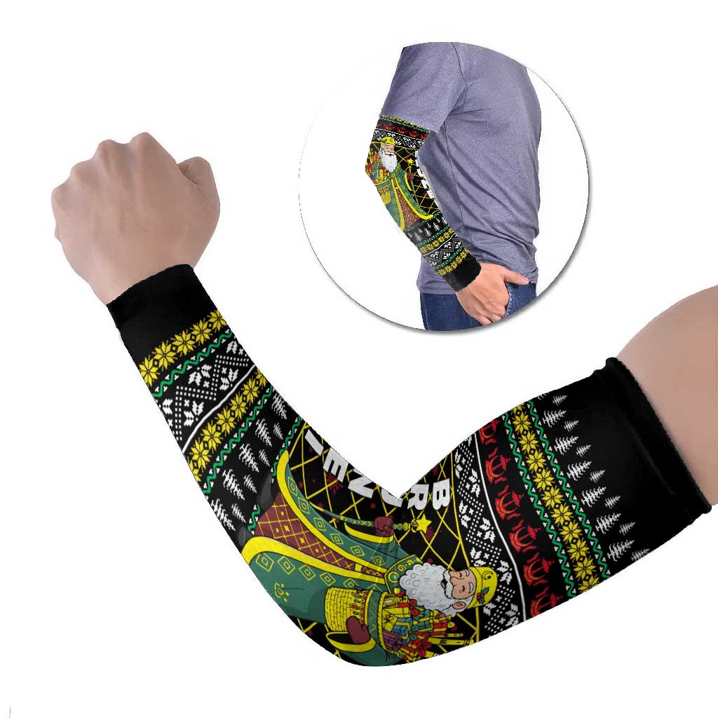 Brunei Christmas Arm Sleeves with Traditional Santa Gift Basket and Black Yellow Red Holiday Pattern - Wonder Print Shop