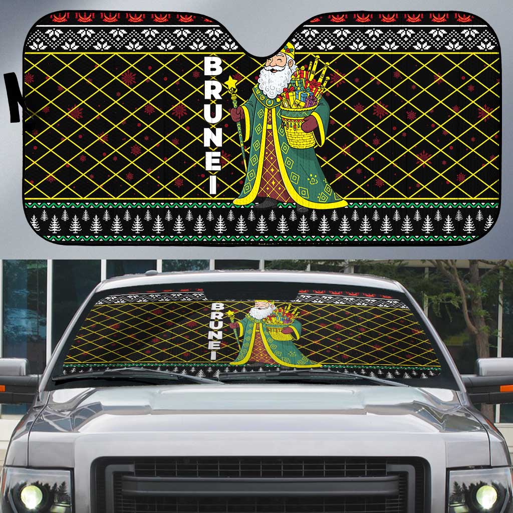 Brunei Christmas Auto Sun Shade with Traditional Santa Gift Basket and Black Yellow Red Holiday Pattern - Wonder Print Shop