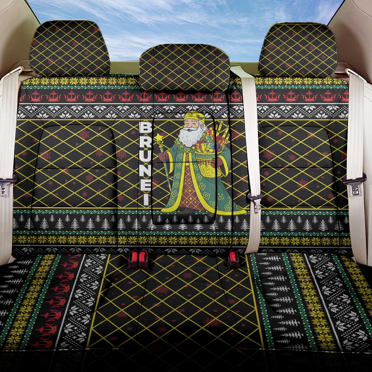 Brunei Christmas Back Car Seat Cover with Traditional Santa Gift Basket and Black Yellow Red Holiday Pattern - Wonder Print Shop