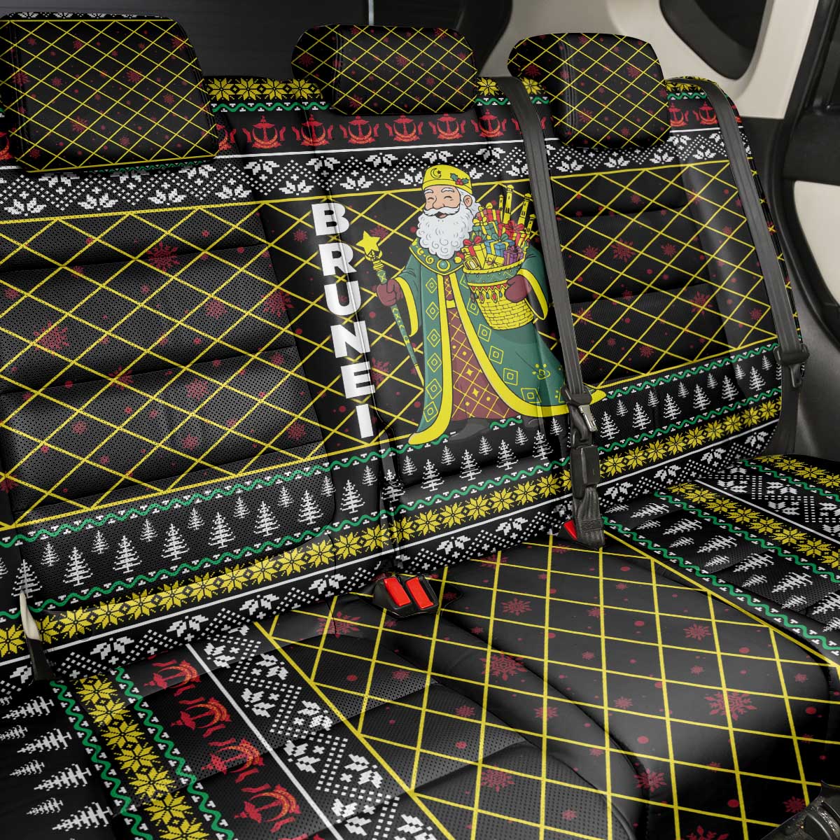 Brunei Christmas Back Car Seat Cover with Traditional Santa Gift Basket and Black Yellow Red Holiday Pattern - Wonder Print Shop