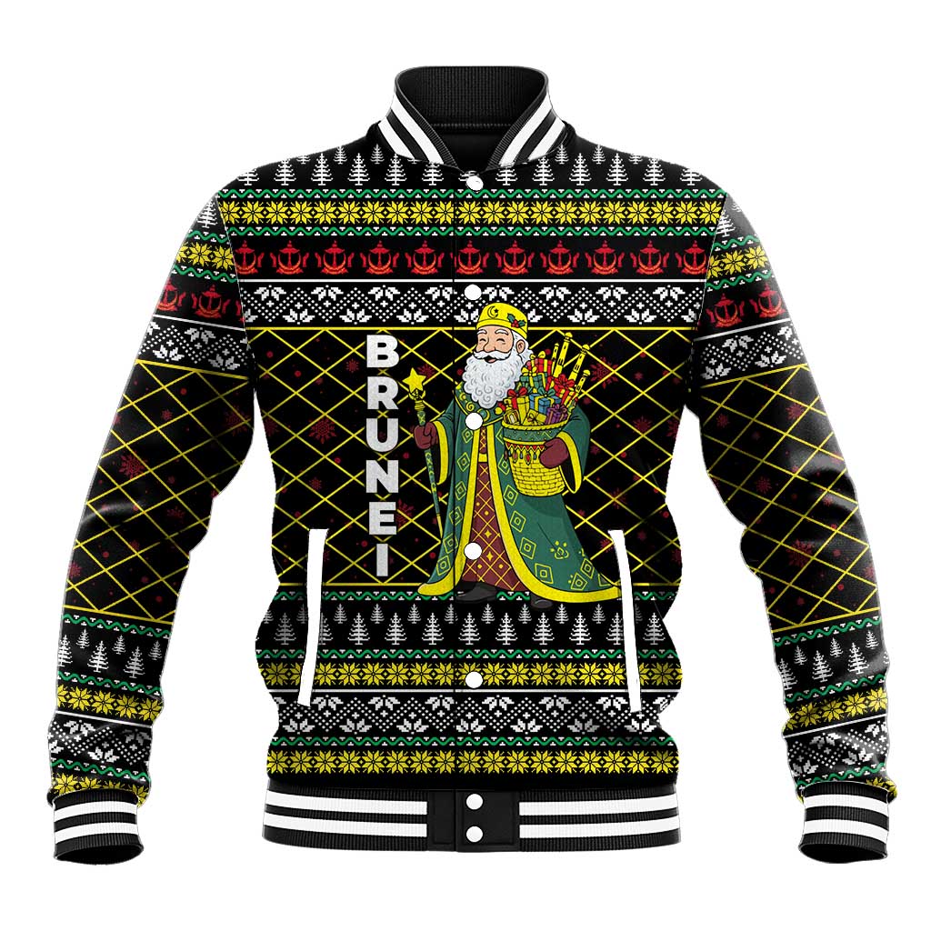 Brunei Christmas Baseball Jacket with Traditional Santa Gift Basket and Black Yellow Red Holiday Pattern - Wonder Print Shop