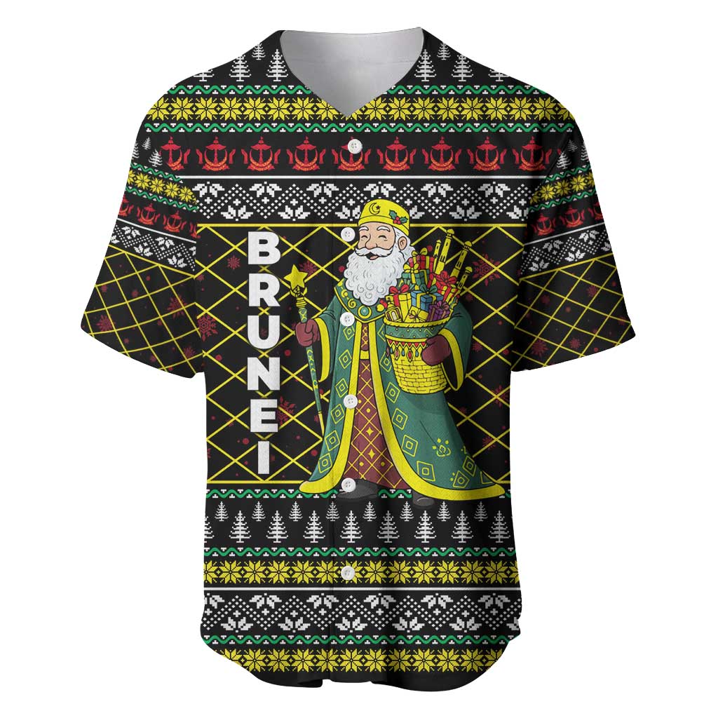 Brunei Christmas Baseball Jersey with Traditional Santa Gift Basket and Black Yellow Red Holiday Pattern - Wonder Print Shop