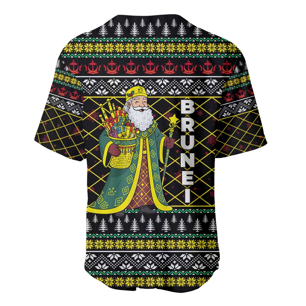 Brunei Christmas Baseball Jersey with Traditional Santa Gift Basket and Black Yellow Red Holiday Pattern - Wonder Print Shop