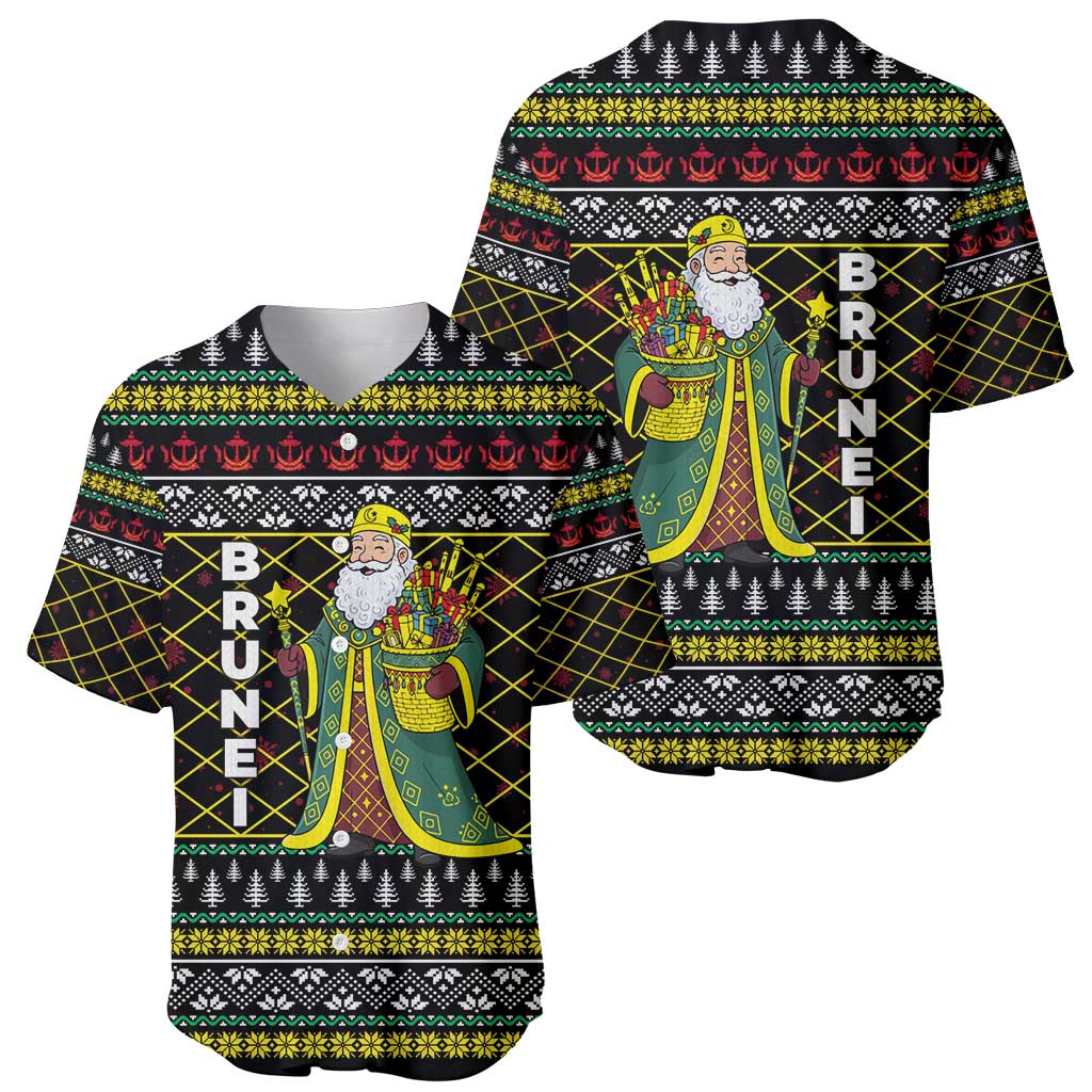 Brunei Christmas Baseball Jersey with Traditional Santa Gift Basket and Black Yellow Red Holiday Pattern - Wonder Print Shop