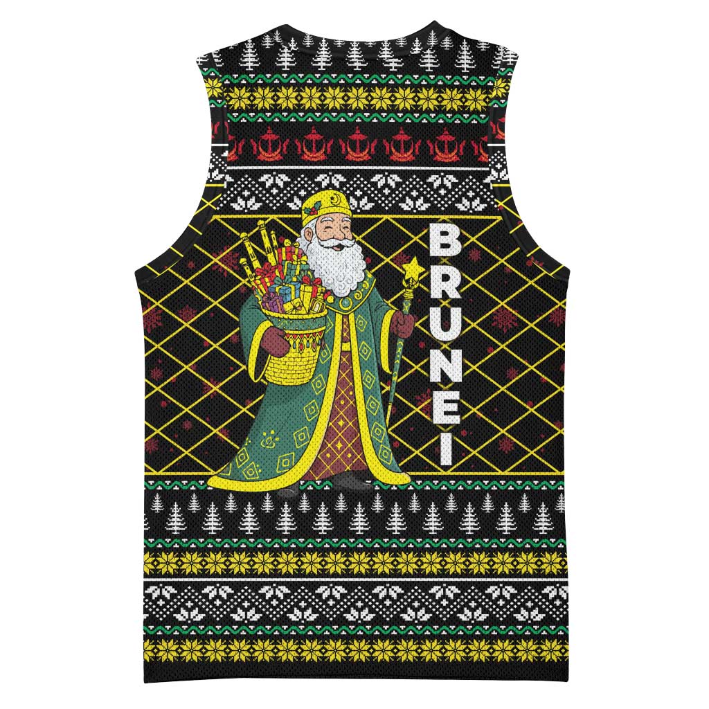 Brunei Christmas Basketball Jersey with Traditional Santa Gift Basket and Black Yellow Red Holiday Pattern - Wonder Print Shop