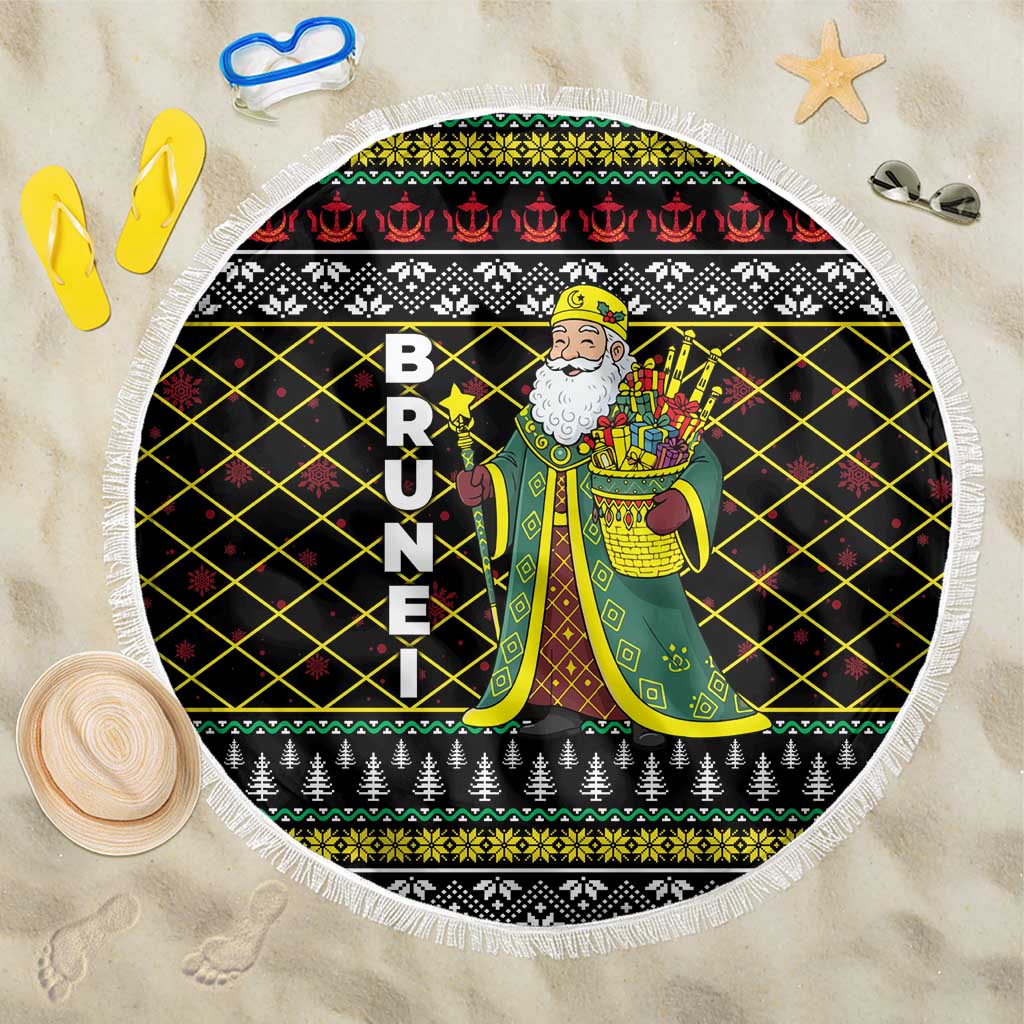 Brunei Christmas Beach Blanket with Traditional Santa Gift Basket and Black Yellow Red Holiday Pattern - Wonder Print Shop