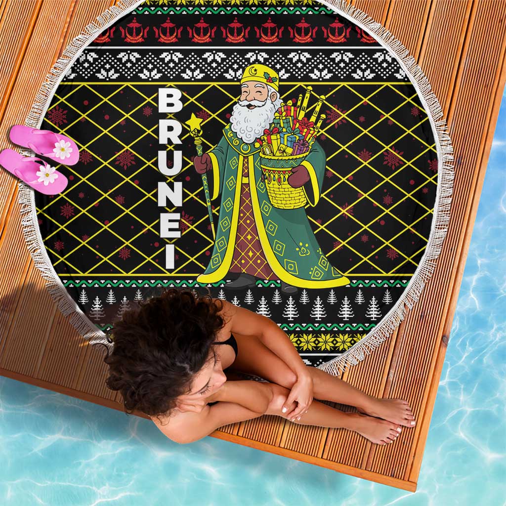 Brunei Christmas Beach Blanket with Traditional Santa Gift Basket and Black Yellow Red Holiday Pattern - Wonder Print Shop