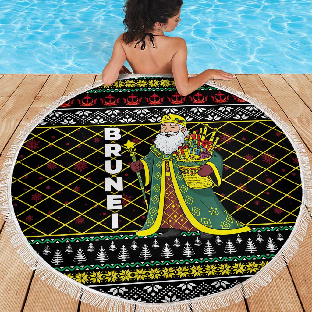 Brunei Christmas Beach Blanket with Traditional Santa Gift Basket and Black Yellow Red Holiday Pattern - Wonder Print Shop