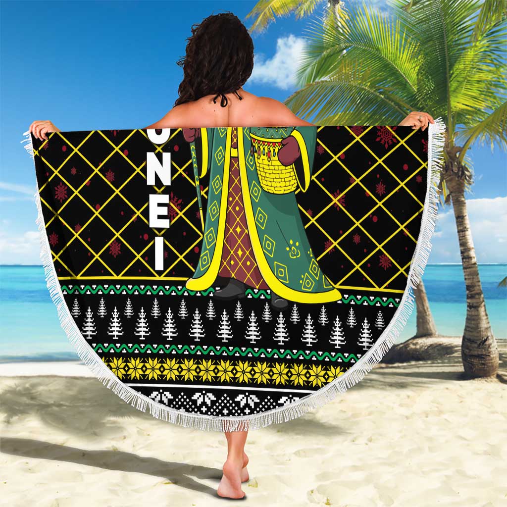 Brunei Christmas Beach Blanket with Traditional Santa Gift Basket and Black Yellow Red Holiday Pattern - Wonder Print Shop
