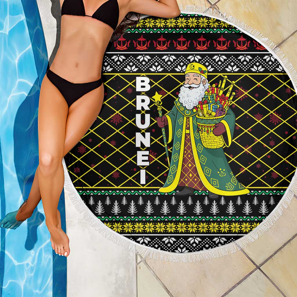 Brunei Christmas Beach Blanket with Traditional Santa Gift Basket and Black Yellow Red Holiday Pattern - Wonder Print Shop