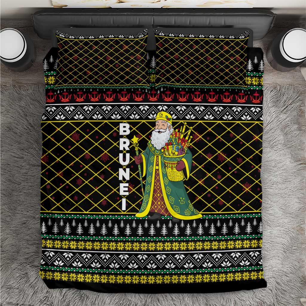 Brunei Christmas Bedding Set with Traditional Santa Gift Basket and Black Yellow Red Holiday Pattern - Wonder Print Shop