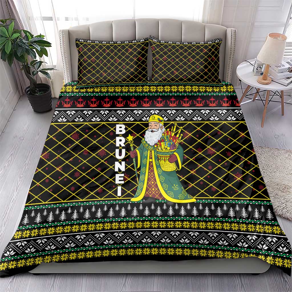 Brunei Christmas Bedding Set with Traditional Santa Gift Basket and Black Yellow Red Holiday Pattern - Wonder Print Shop