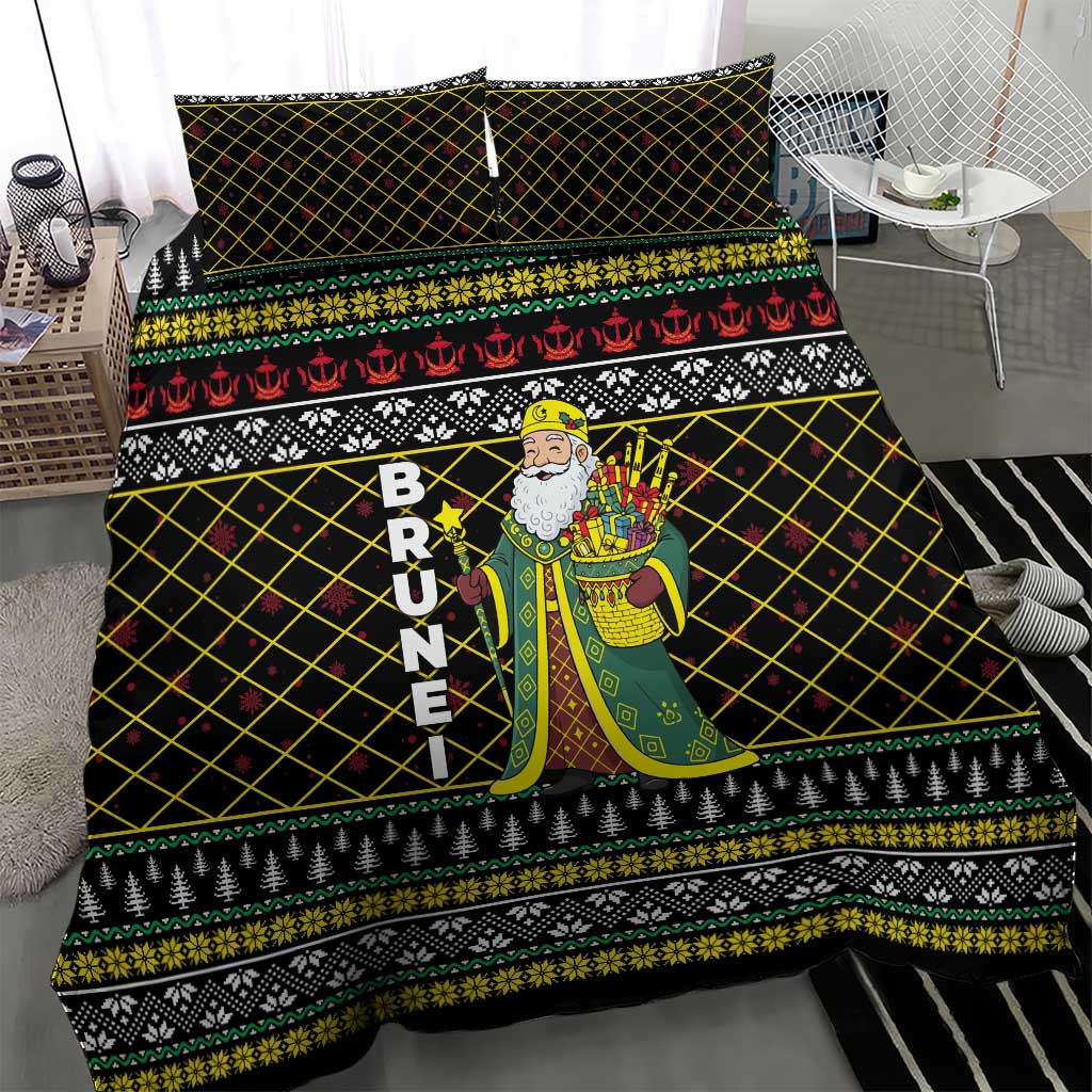 Brunei Christmas Bedding Set with Traditional Santa Gift Basket and Black Yellow Red Holiday Pattern - Wonder Print Shop