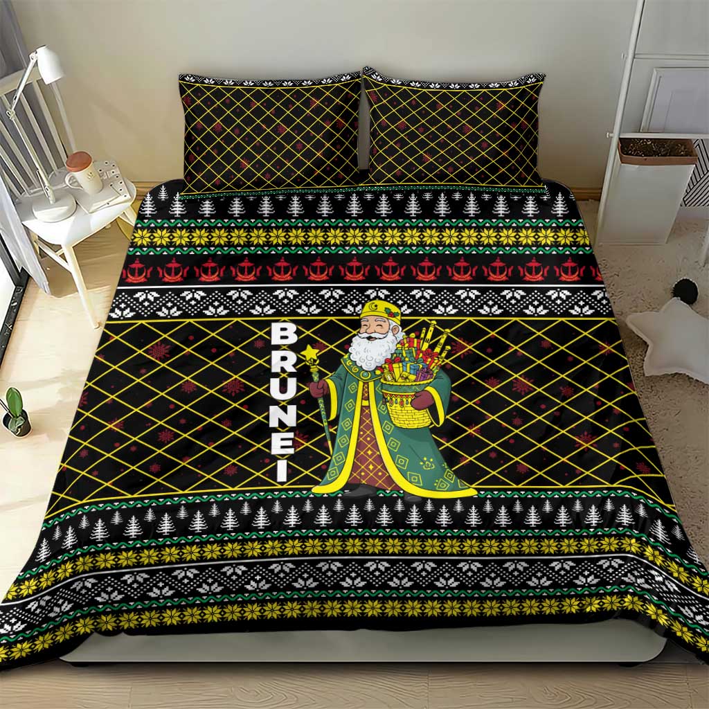 Brunei Christmas Bedding Set with Traditional Santa Gift Basket and Black Yellow Red Holiday Pattern - Wonder Print Shop