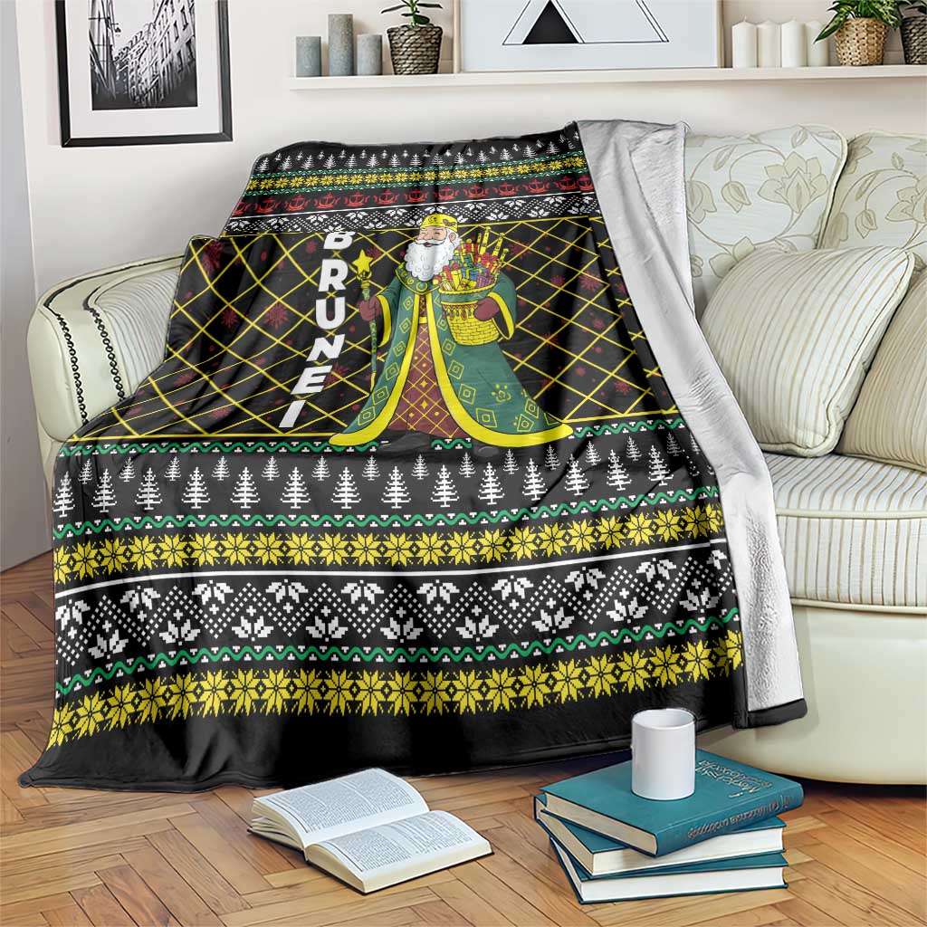 Brunei Christmas Blanket with Traditional Santa Gift Basket and Black Yellow Red Holiday Pattern - Wonder Print Shop