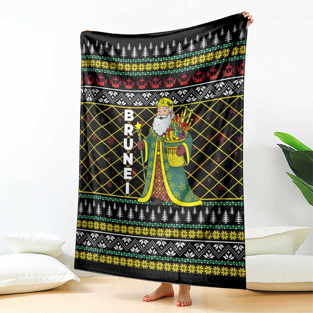 Brunei Christmas Blanket with Traditional Santa Gift Basket and Black Yellow Red Holiday Pattern - Wonder Print Shop