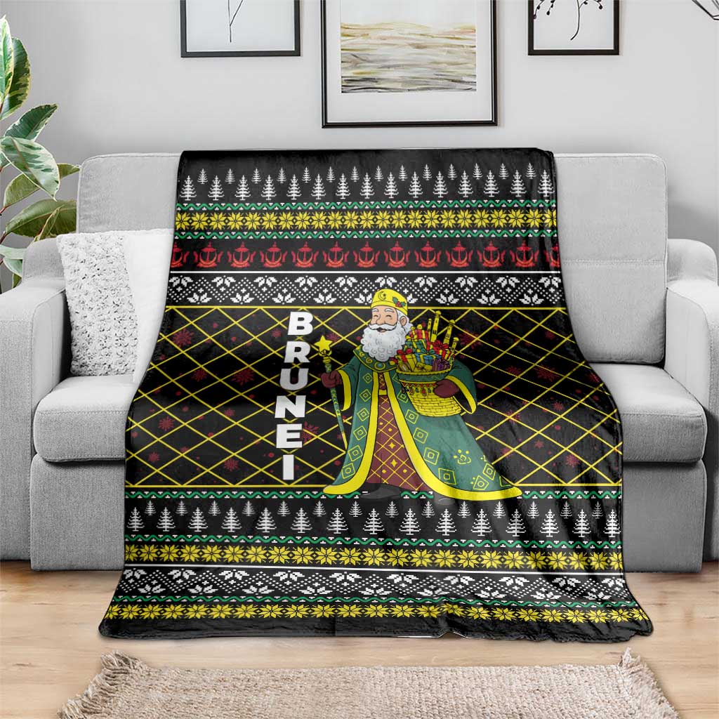 Brunei Christmas Blanket with Traditional Santa Gift Basket and Black Yellow Red Holiday Pattern - Wonder Print Shop